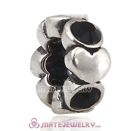 925 Sterling Silver Heart Spacer Beads with Jet Austrian Crystal