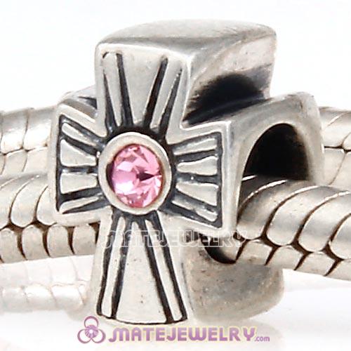 925 Sterling Silver European Cross Charm Bead With Light Rose Austrian Crystal