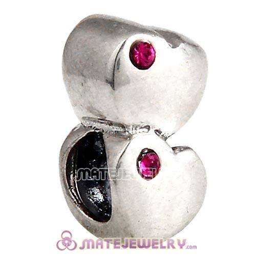 Sterling Silver European Double Heart Charm with Fuchsia Austrian Crystal