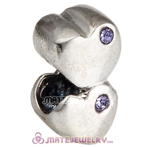 Sterling Silver European Double Heart Charm with Tanzanite Austrian Crystal