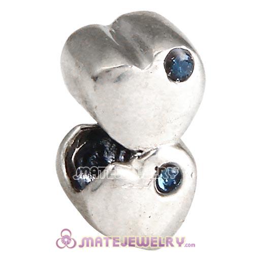 Sterling Silver European Double Heart Charm with Montana Austrian Crystal