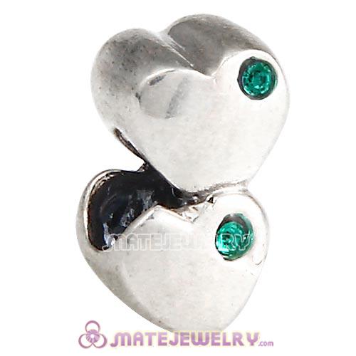 Sterling Silver European Double Heart Charm with Emerald Austrian Crystal