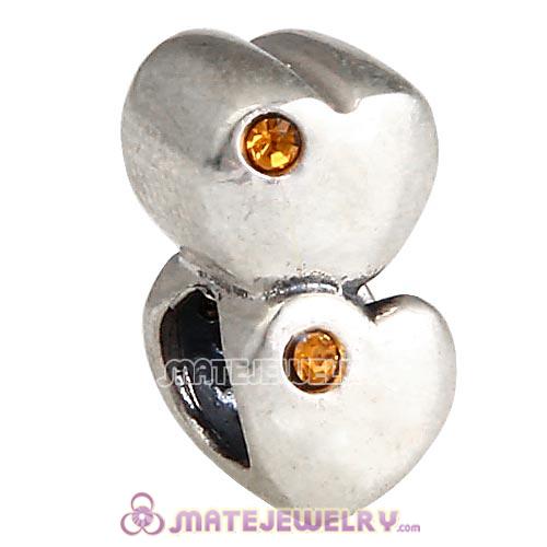 Sterling Silver European Double Heart Charm with Topaz Austrian Crystal