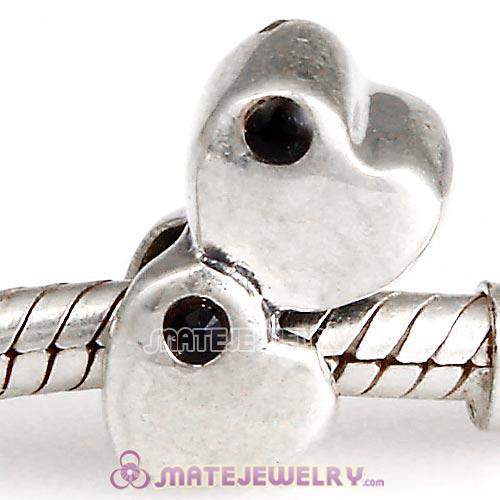 Sterling Silver European Double Heart Charm with Jet Austrian Crystal