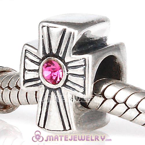 925 Sterling Silver European Cross Charm Bead With Rose Austrian Crystal