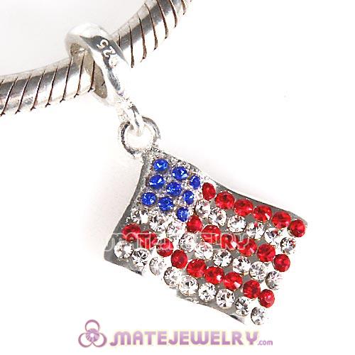 Sterling Silver American Flag with Clear Red Blue Crystal Dangle Beads