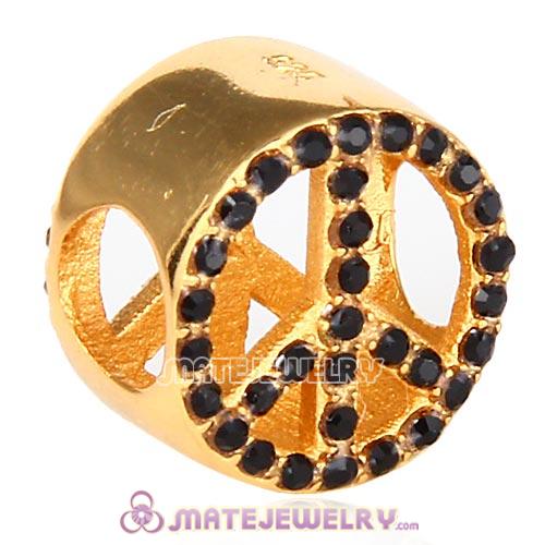 Gold Plated Sterling Silver Button Pave Peace with Jet Austrian Crystal Beads
