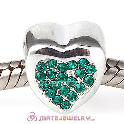 Sterling Silver Pave Glitter Heart with Emerald Austrian Crystal Beads