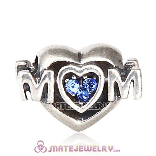 Sterling Silver European MOM Heart Bead with Sapphire Austrian Crystal