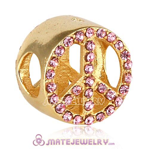 Gold Plated Sterling Silver Button Pave Peace with Light Rose Austrian Crystal Beads