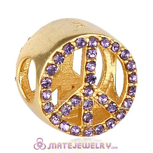 Gold Plated Sterling Silver Button Pave Peace with Tanzanite Austrian Crystal Beads