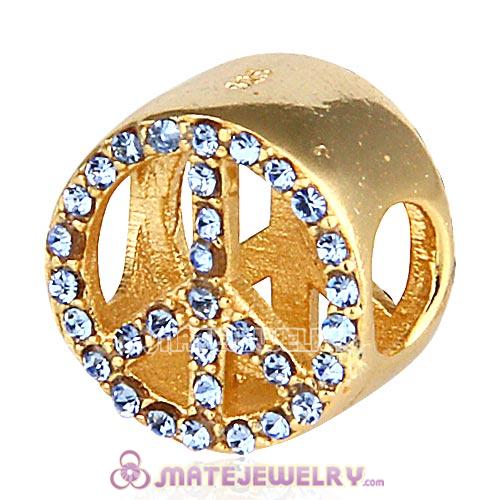 Gold Plated Sterling Silver Button Pave Peace with Light Sapphire Austrian Crystal Beads