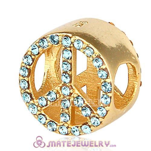 Gold Plated Sterling Silver Button Pave Peace with Aquamarine Austrian Crystal Beads