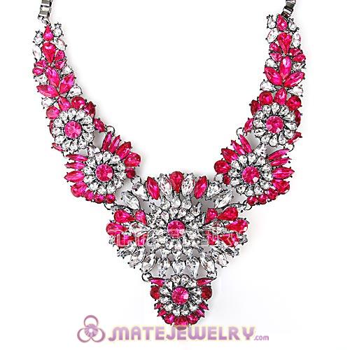 Luxury brand Hot Pink and Clear Crystal Flower Statement Necklaces