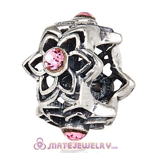 Wholesale European Sterling Silver Dahlia Charm Beads with Light Rose Austrian Crystal