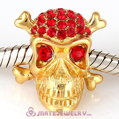 Gold Plated Sterling Silver Skull Beads with Light Siam Austrian Crystal