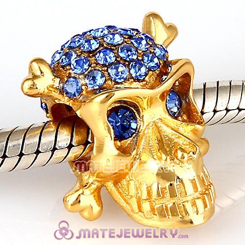 Gold Plated Sterling Silver Skull Beads with Sapphire Austrian Crystal