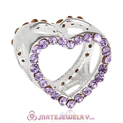 Sterling Silver Heart Beads with Violet Austrian Crystal