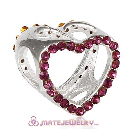 Sterling Silver Heart Beads with Amethyst Austrian Crystal
