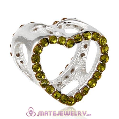 Sterling Silver Heart Beads with Olivine Austrian Crystal