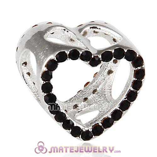 Sterling Silver Heart Beads with Jet Austrian Crystal