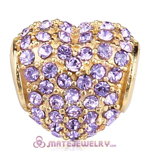 Gold Plated Sterling Pave Heart with Violet Austrian Crystal Charm