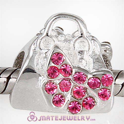 Sterling Silver Loves Shopping Bag Beads with Rose Austrian Crystal