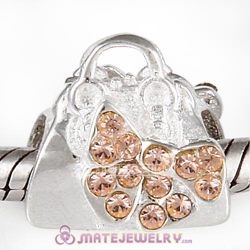 Sterling Silver Loves Shopping Bag Beads with Light Peach Austrian Crystal