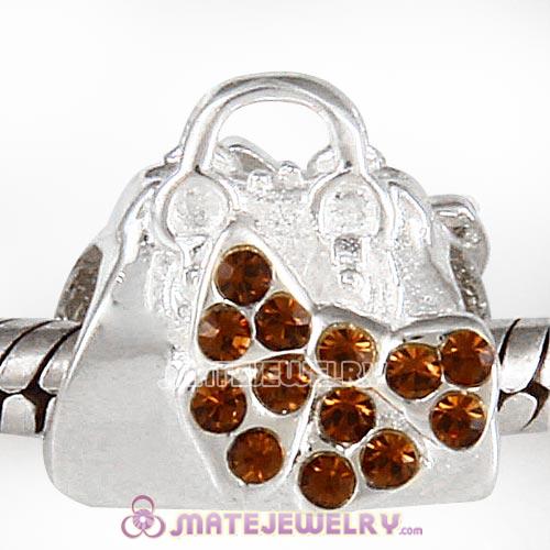 Sterling Silver Loves Shopping Bag Beads with Smoked Topaz Austrian Crystal
