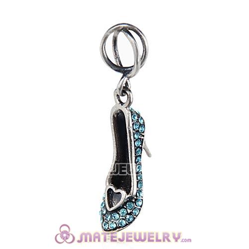 Sterling Silver Cinderella Slipper with Aquamarine Austrian Crystal Dangle Beads