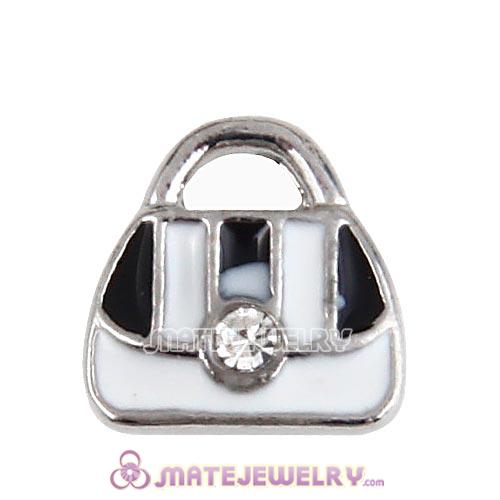 Platinum Plated Enamel Alloy Handbag with Crystal Floating Locket Charms
