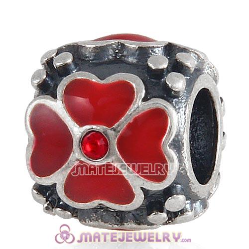Sterling Silver Enamel Red four-leaf clover with Crystal Beads European Style