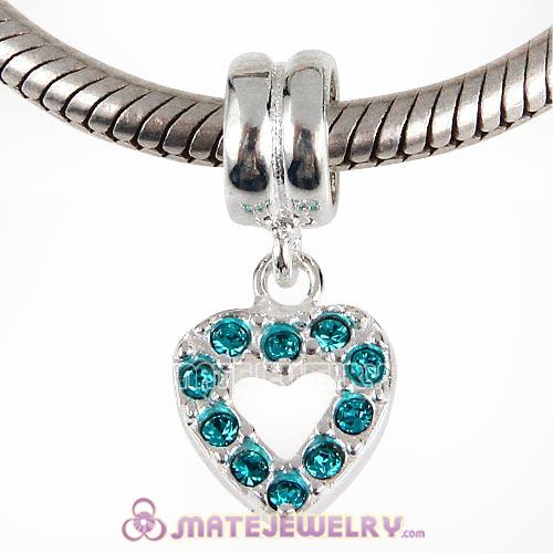 Sterling Silver Heart Dangle Charms with Blue Zircon Austrian Crystal