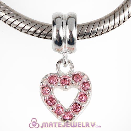 Sterling Silver Heart Dangle Charms with Light Rose Austrian Crystal