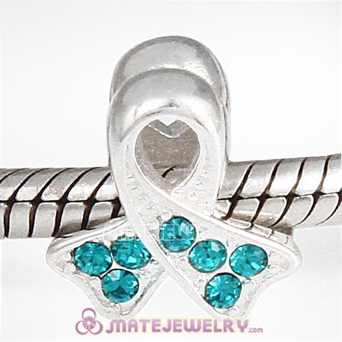 Sterling Silver Ribbon Lung Cancer Beads with Blue Zircon Austrian Crystal European Style