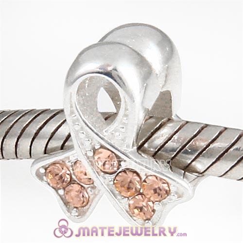 Sterling Silver Ribbon Lung Cancer Beads with Light Peach Austrian Crystal European Style