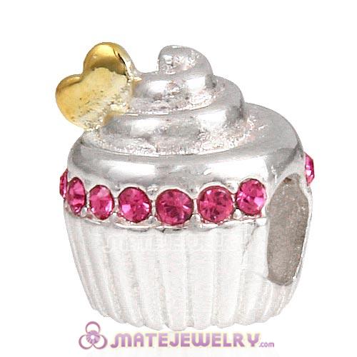 Sterling Silver Golden Heart Cupcake Beads with Rose Austrian Crystal European Style