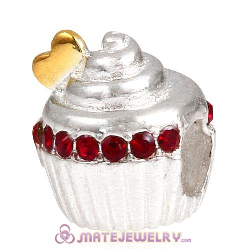 Sterling Silver Golden Heart Cupcake Beads with Siam Austrian Crystal European Style