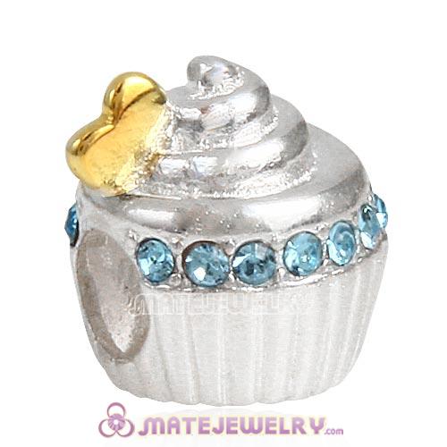 Sterling Silver Golden Heart Cupcake Beads with Aquamarine Austrian Crystal European Style