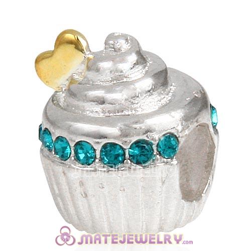 Sterling Silver Golden Heart Cupcake Beads with Blue Zircon Austrian Crystal European Style