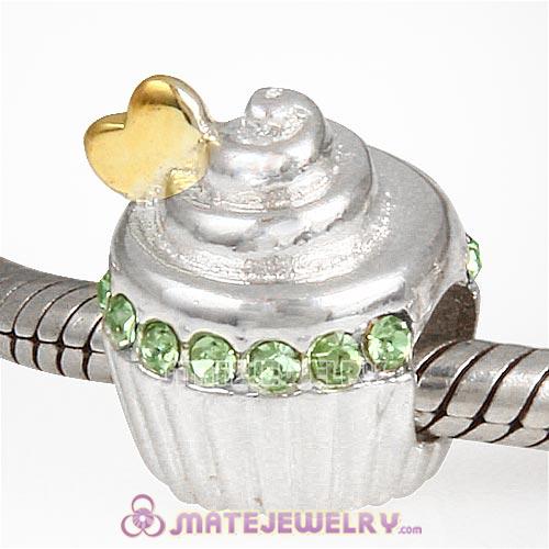 Sterling Silver Golden Heart Cupcake Beads with Peridot Austrian Crystal European Style