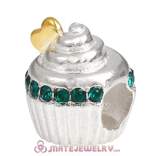 Sterling Silver Golden Heart Cupcake Beads with Emerald Austrian Crystal European Style