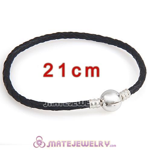 21cm Black Braided Leather Bracelet with Silver Round Clip fit European Beads