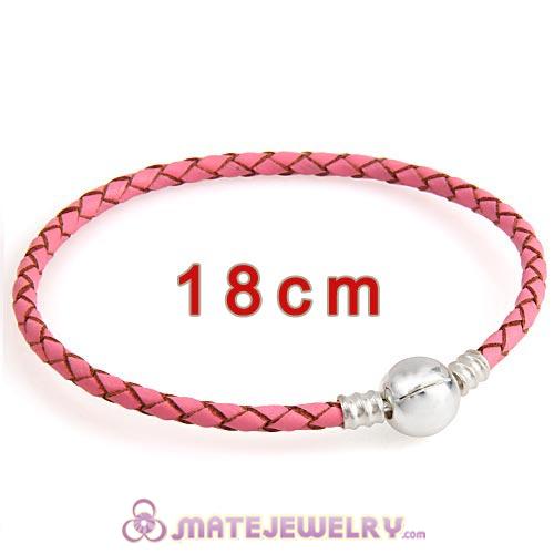 18cm Pink Braided Leather Bracelet with Silver Round Clip fit European Beads