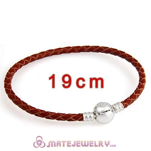 19cm Brown Braided Leather Bracelet with Silver Round Clip fit European Beads