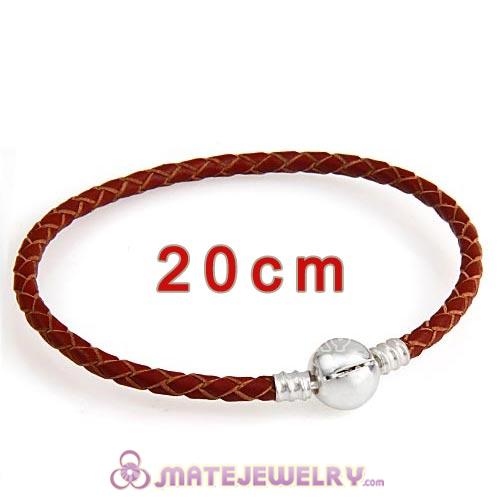 20cm Brown Braided Leather Bracelet with Silver Round Clip fit European Beads