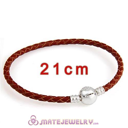 21cm Brown Braided Leather Bracelet with Silver Round Clip fit European Beads