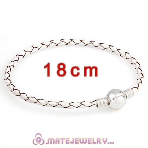18cm White Braided Leather Bracelet with Silver Round Clip fit European Beads