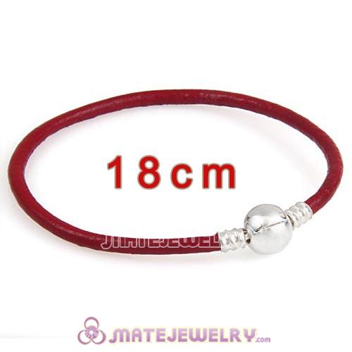 18cm Dark Red Slippy Leather Bracelet with Silver Round Clip fit European Beads
