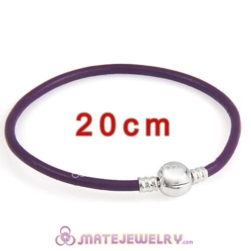 20cm Purple Slippy Leather Bracelet with Silver Round Clip fit European Beads